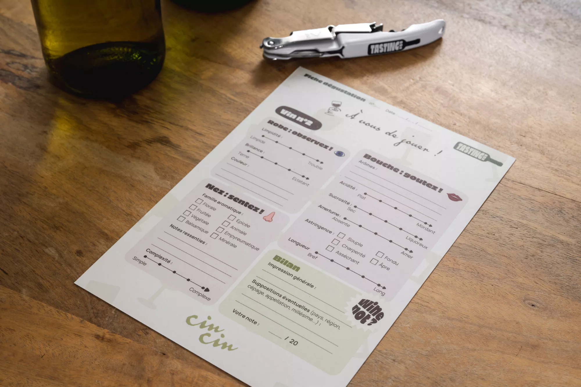 La fiche « À vous de jouer ! » du vin n°2 : robe, nez, bouche, bilan et note sur 20
